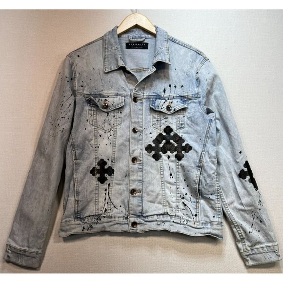Eternity BC/AD Mens Rad Jean Jacket Stretch Denim Size Small Blue Long Sleeve - Picture 1 of 11